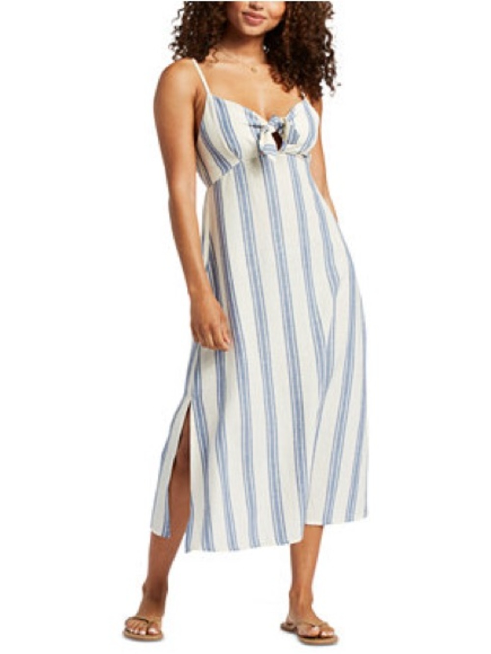 Roxy Sweetest Step Striped Midi Dress Medium Blue Cream Linen Blend